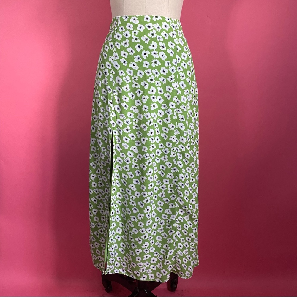 *NWT* Maeve by Anthropologie High Waisted Lime Green Floral Maxi Skirt w/Slit 2
